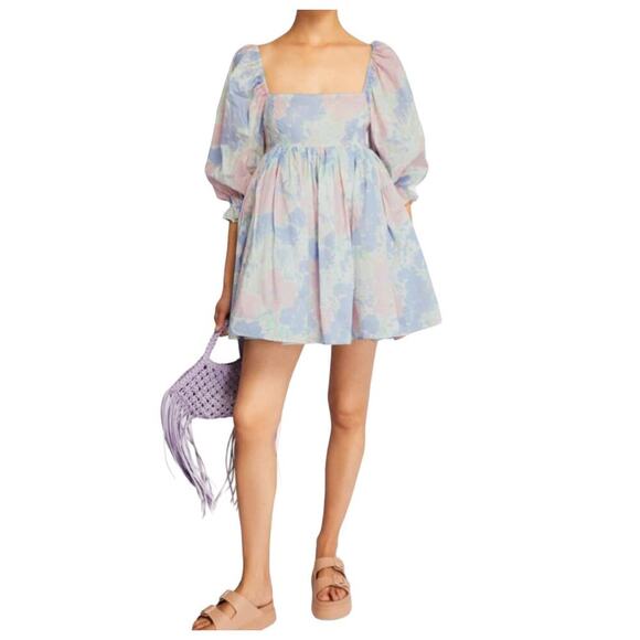 Selkie The Puff Babydoll MIni Dress White w/ Pastel Print Size Small - Picture 2 of 10